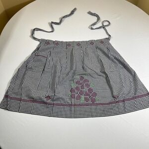Vintage Hand Embroidered Gingham Half Apron Navy Blue White Cottagecore Pocket
